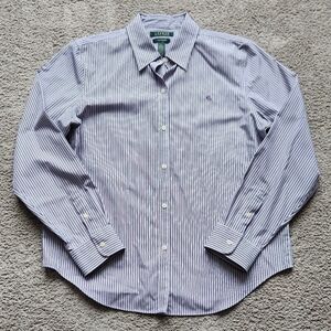 Laren Ralph Lauren Men's Purple & White Striped Lomg Sleeve Button-Down, Size L
